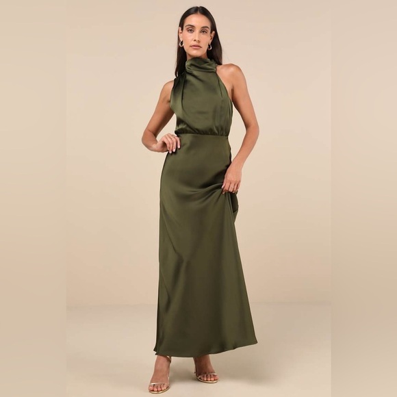 LULU’S Distinctive Charm Olive Green Satin Asymmetrical Maxi Dress - Picture 3 of 6